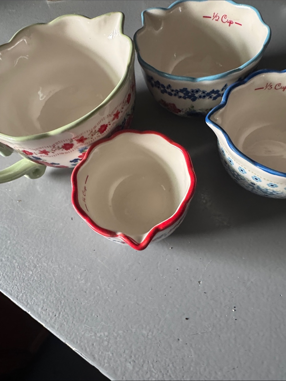 Hand-Painted Ceramic Measuring Cups - Red, Blue, Green Trim
